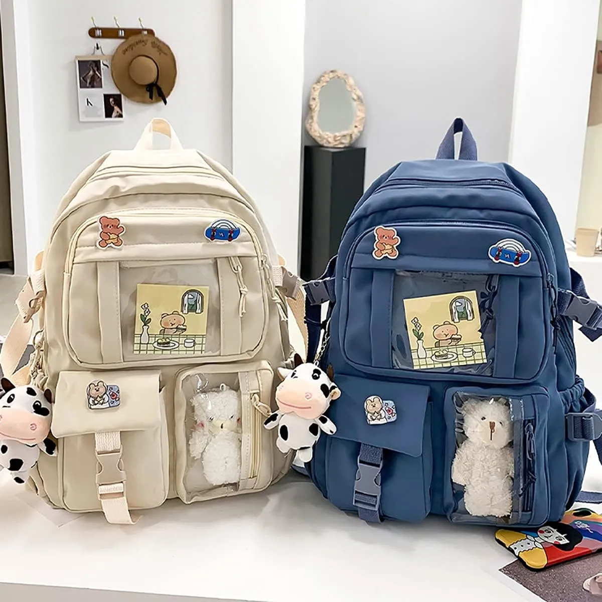 New Aesthetic Backpack Kawaii Backpack with Badge Pins Keychain Pendant Light Weight Travel Backpack
