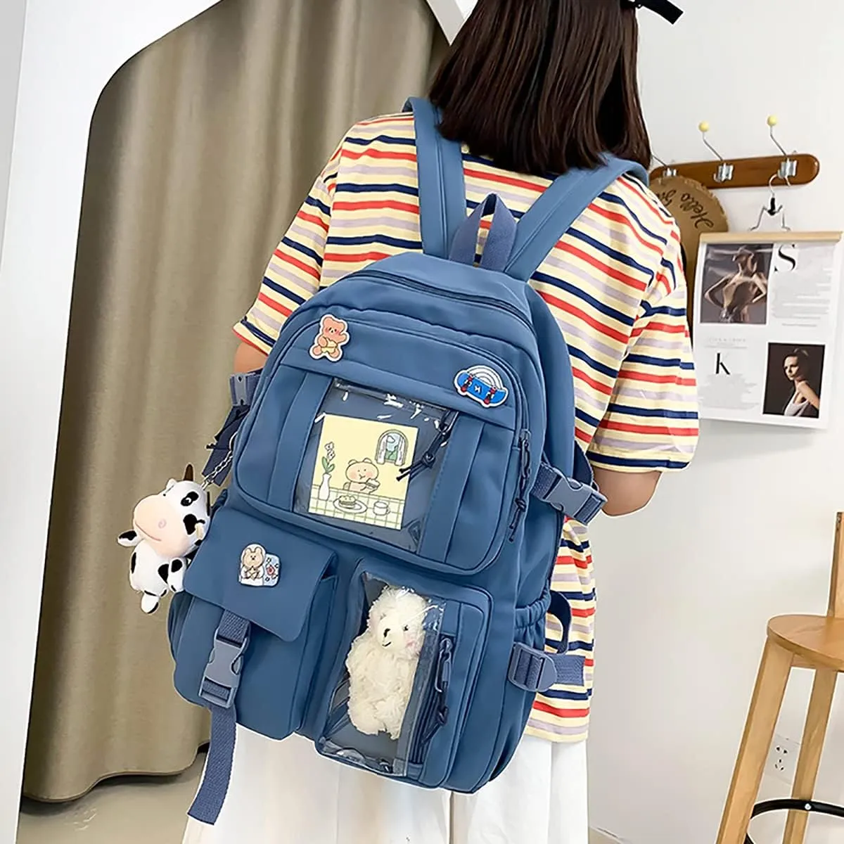 New Aesthetic Backpack Kawaii Backpack with Badge Pins Keychain Pendant Light Weight Travel Backpack