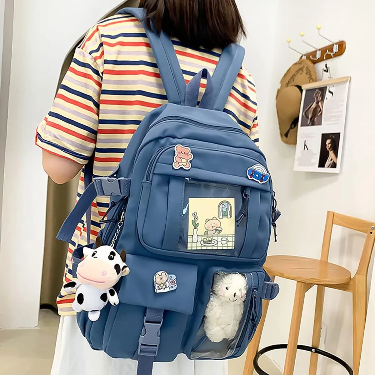 New Aesthetic Backpack Kawaii Backpack with Badge Pins Keychain Pendant Light Weight Travel Backpack