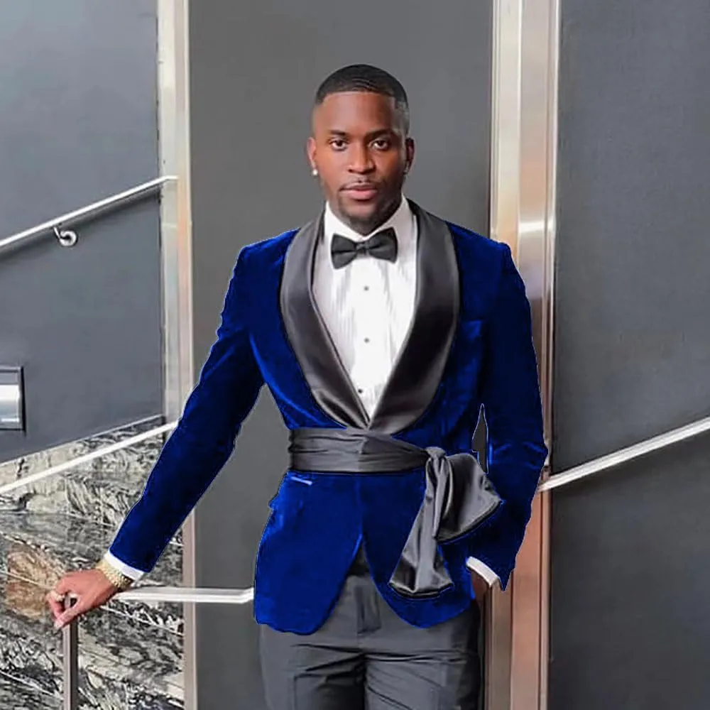 New Men Black Velvet Slim Fit Suit Jacket with Cummerbund Grooms Shawl Lapel Wedding Tuxedo