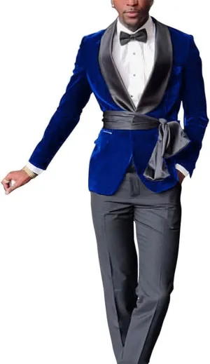 New Men Black Velvet Slim Fit Suit Jacket with Cummerbund Grooms Shawl Lapel Wedding Tuxedo