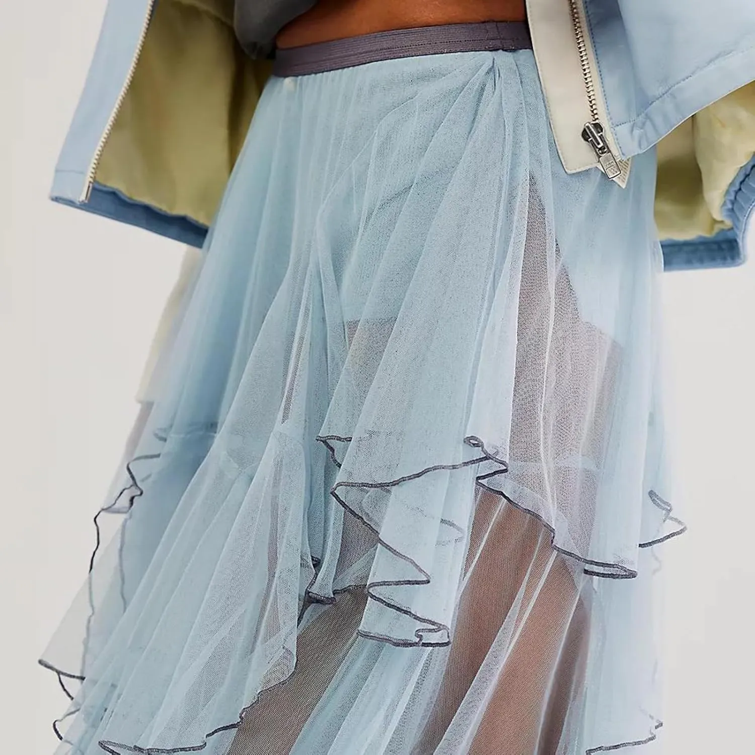 Nituyy Women Floral Lace Asymmetrical Hem Midi Skirts Casual Elastic Irregular Long Skirts Flowy Pleated See Through Dress