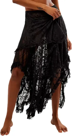 Nituyy Women Floral Lace Asymmetrical Hem Midi Skirts Casual Elastic Irregular Long Skirts Flowy Pleated See Through Dress