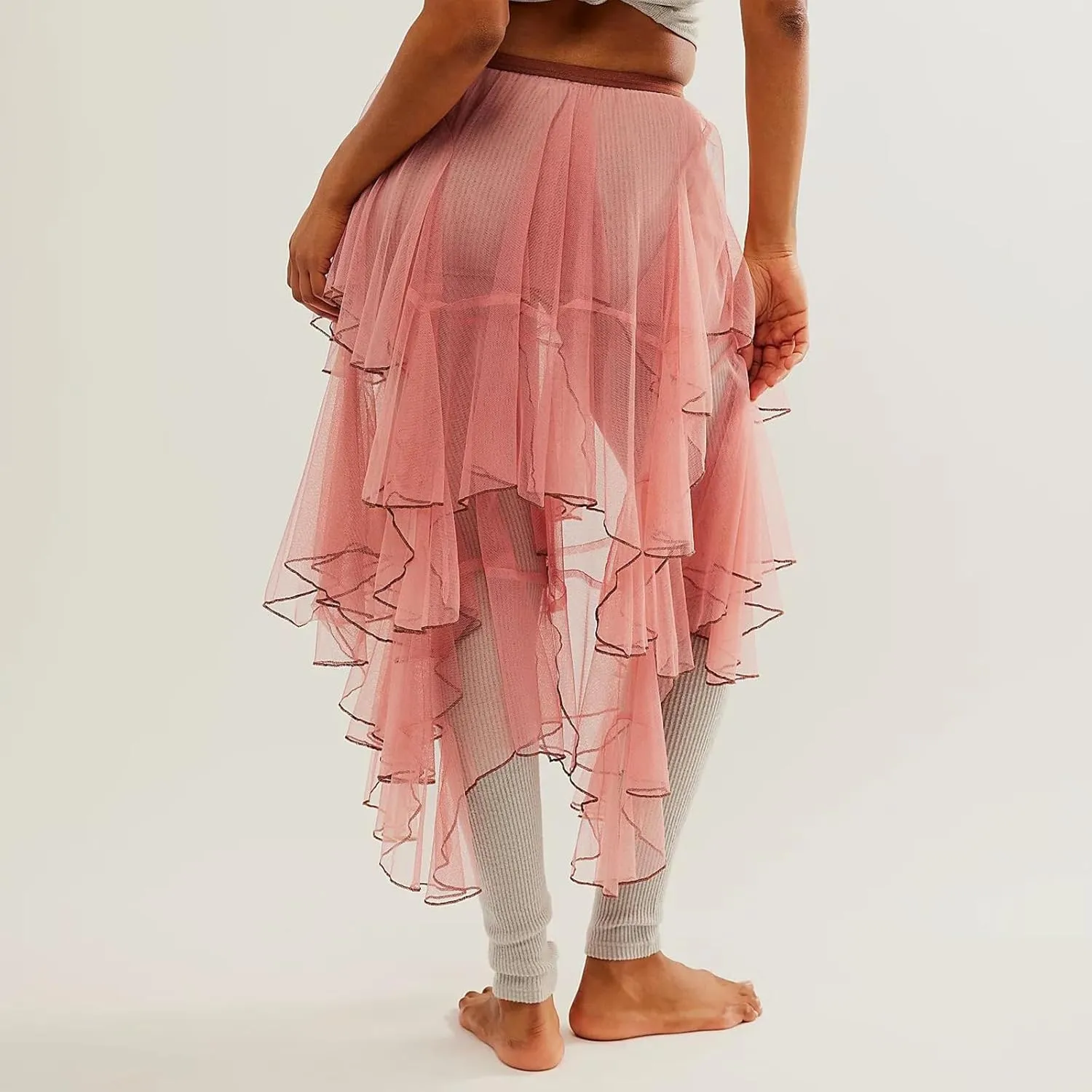 Nituyy Women Floral Lace Asymmetrical Hem Midi Skirts Casual Elastic Irregular Long Skirts Flowy Pleated See Through Dress