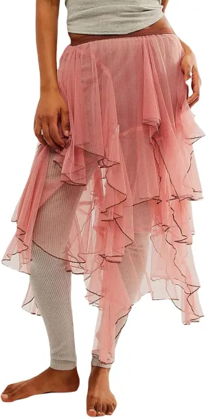 Nituyy Women Floral Lace Asymmetrical Hem Midi Skirts Casual Elastic Irregular Long Skirts Flowy Pleated See Through Dress