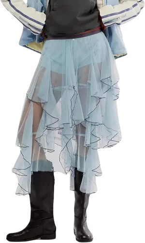 Nituyy Women Floral Lace Asymmetrical Hem Midi Skirts Casual Elastic Irregular Long Skirts Flowy Pleated See Through Dress
