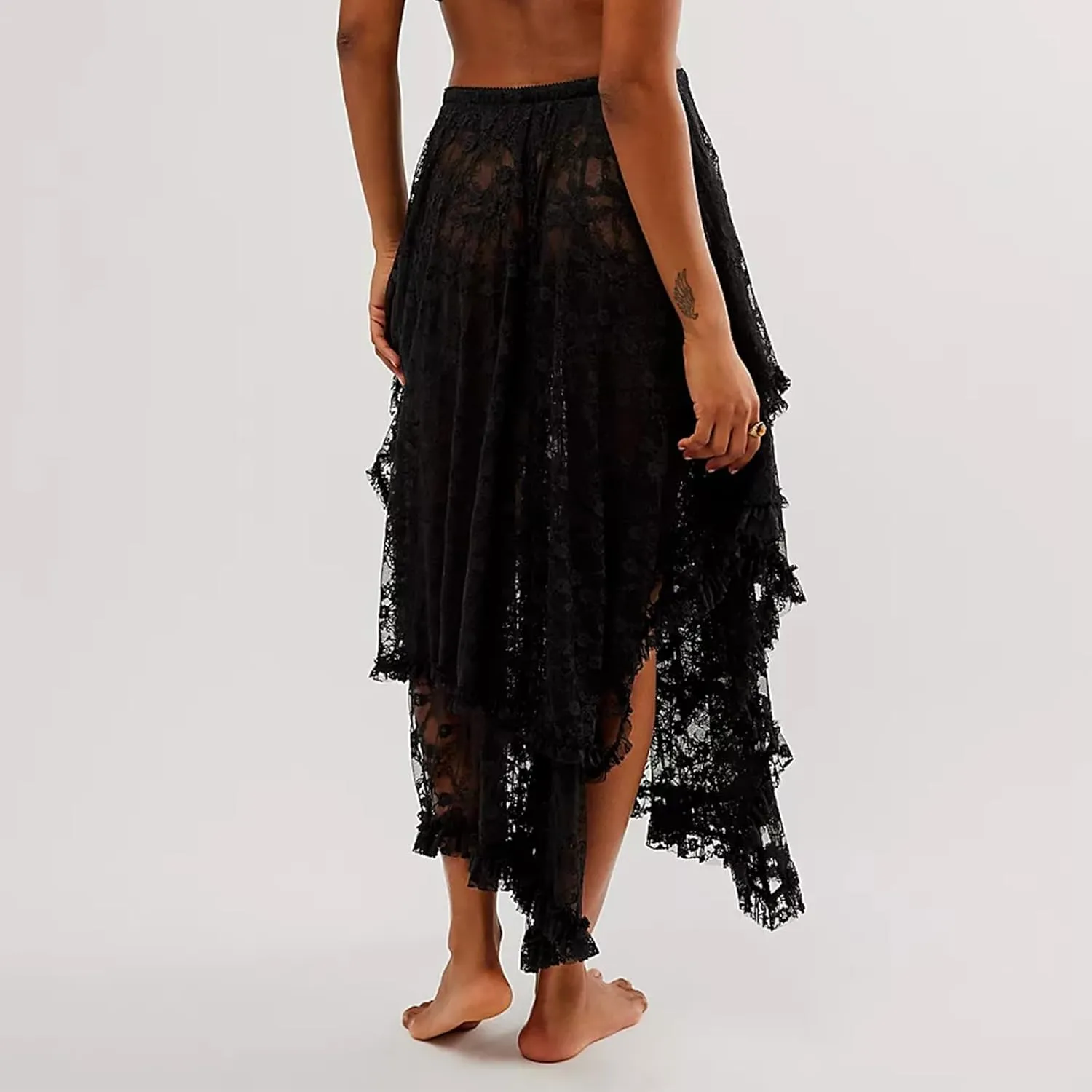 Nituyy Women Floral Lace Asymmetrical Hem Midi Skirts Casual Elastic Irregular Long Skirts Flowy Pleated See Through Dress