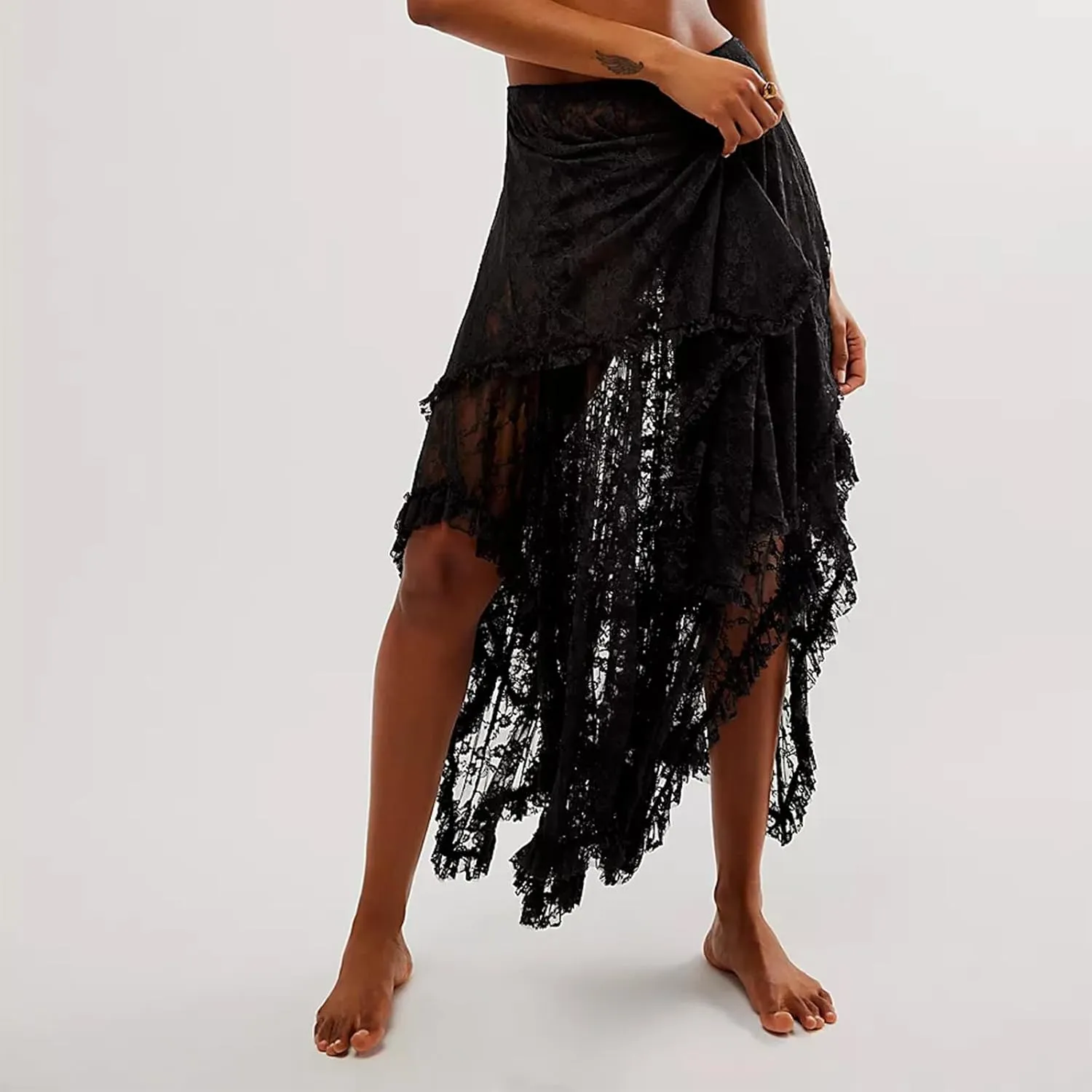 Nituyy Women Floral Lace Asymmetrical Hem Midi Skirts Casual Elastic Irregular Long Skirts Flowy Pleated See Through Dress