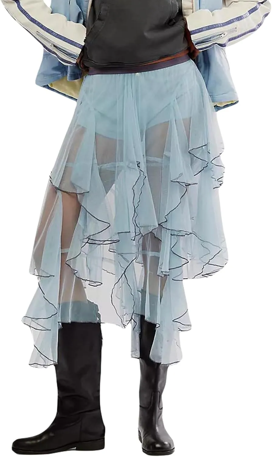 Nituyy Women Floral Lace Asymmetrical Hem Midi Skirts Casual Elastic Irregular Long Skirts Flowy Pleated See Through Dress