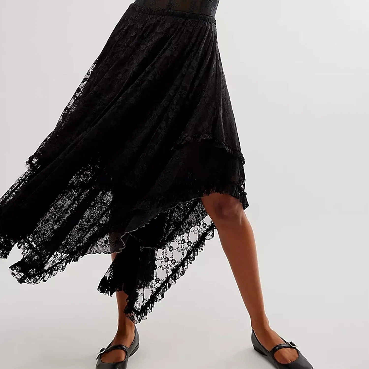 Nituyy Women Floral Lace Asymmetrical Hem Midi Skirts Casual Elastic Irregular Long Skirts Flowy Pleated See Through Dress