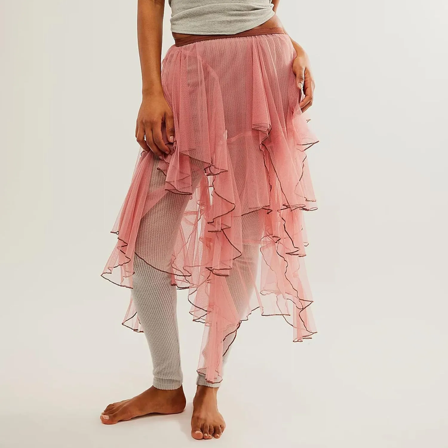 Nituyy Women Floral Lace Asymmetrical Hem Midi Skirts Casual Elastic Irregular Long Skirts Flowy Pleated See Through Dress
