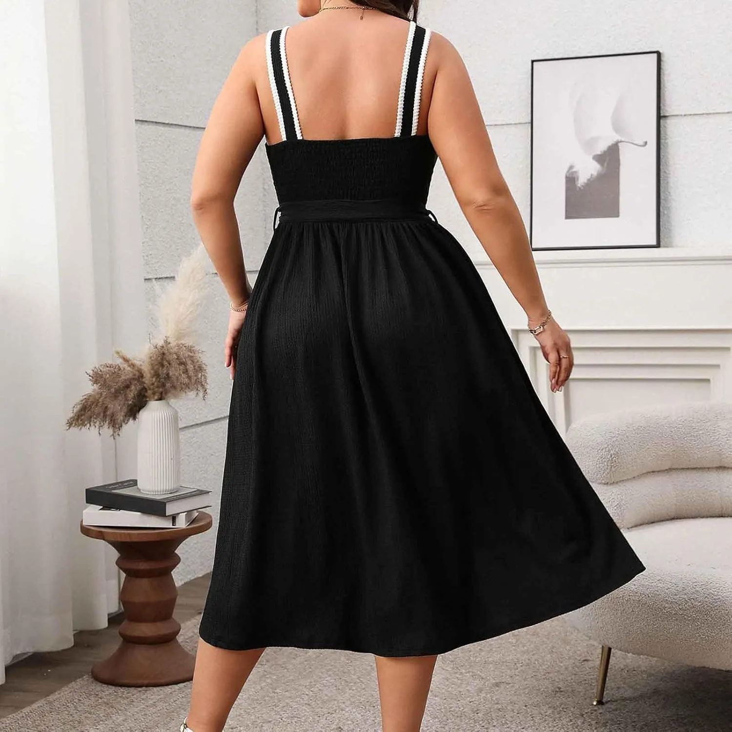 Oplxuo Womens Plus Size Sundress Sleeveless Square Neck Button Color Block Summer Midi Dress with Belt
