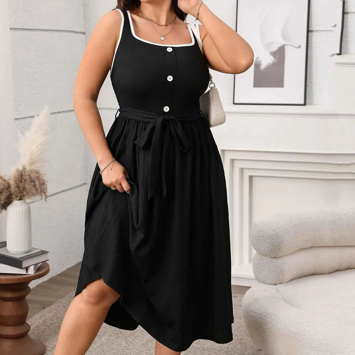 Oplxuo Womens Plus Size Sundress Sleeveless Square Neck Button Color Block Summer Midi Dress with Belt