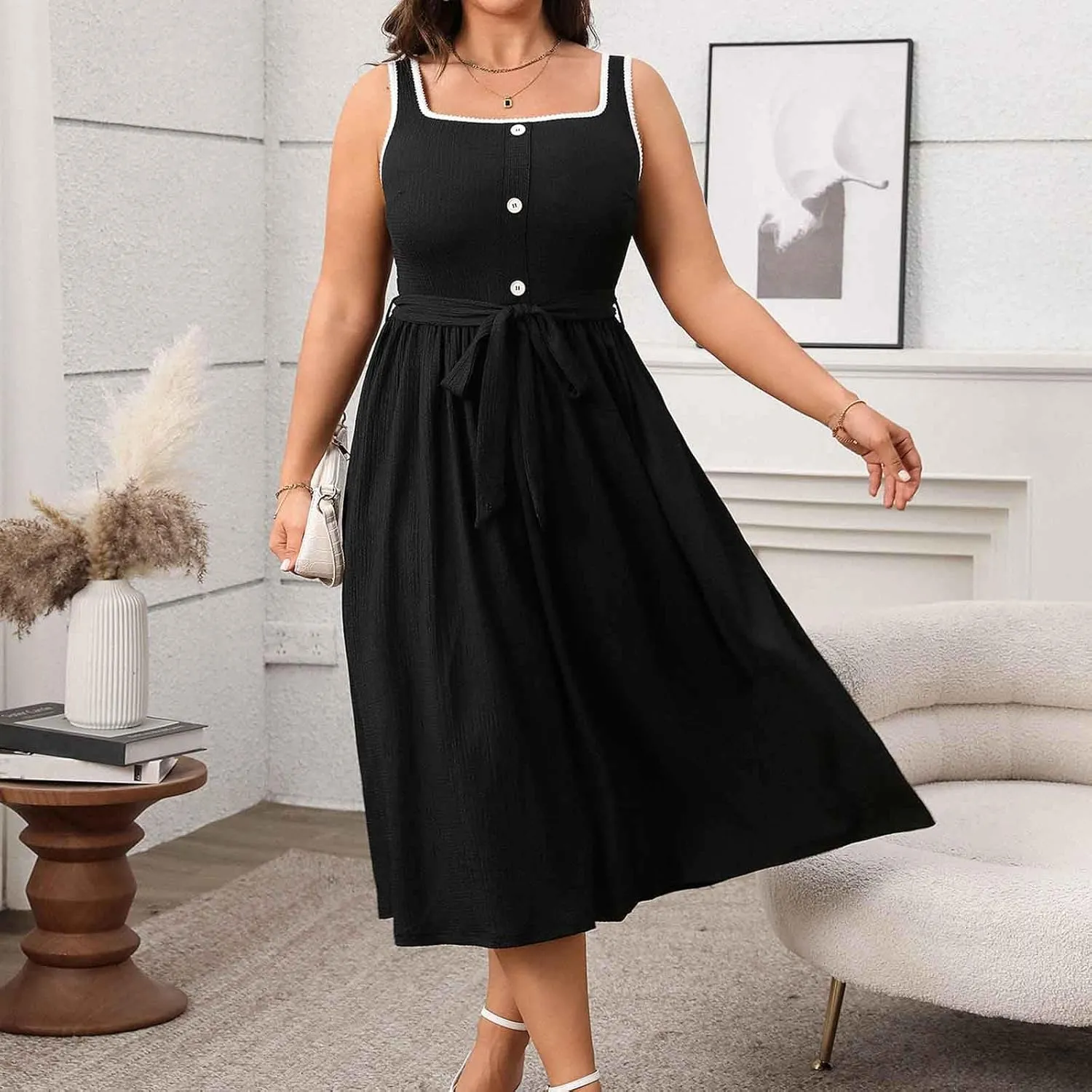 Oplxuo Womens Plus Size Sundress Sleeveless Square Neck Button Color Block Summer Midi Dress with Belt