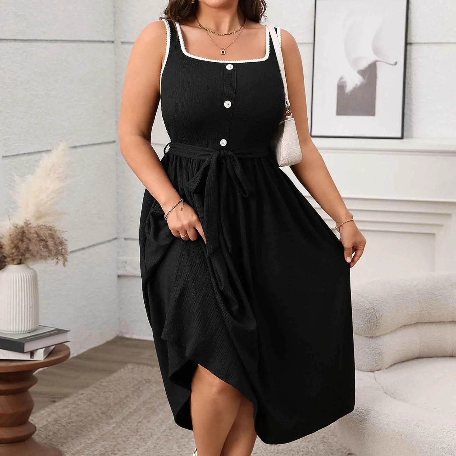 Oplxuo Womens Plus Size Sundress Sleeveless Square Neck Button Color Block Summer Midi Dress with Belt
