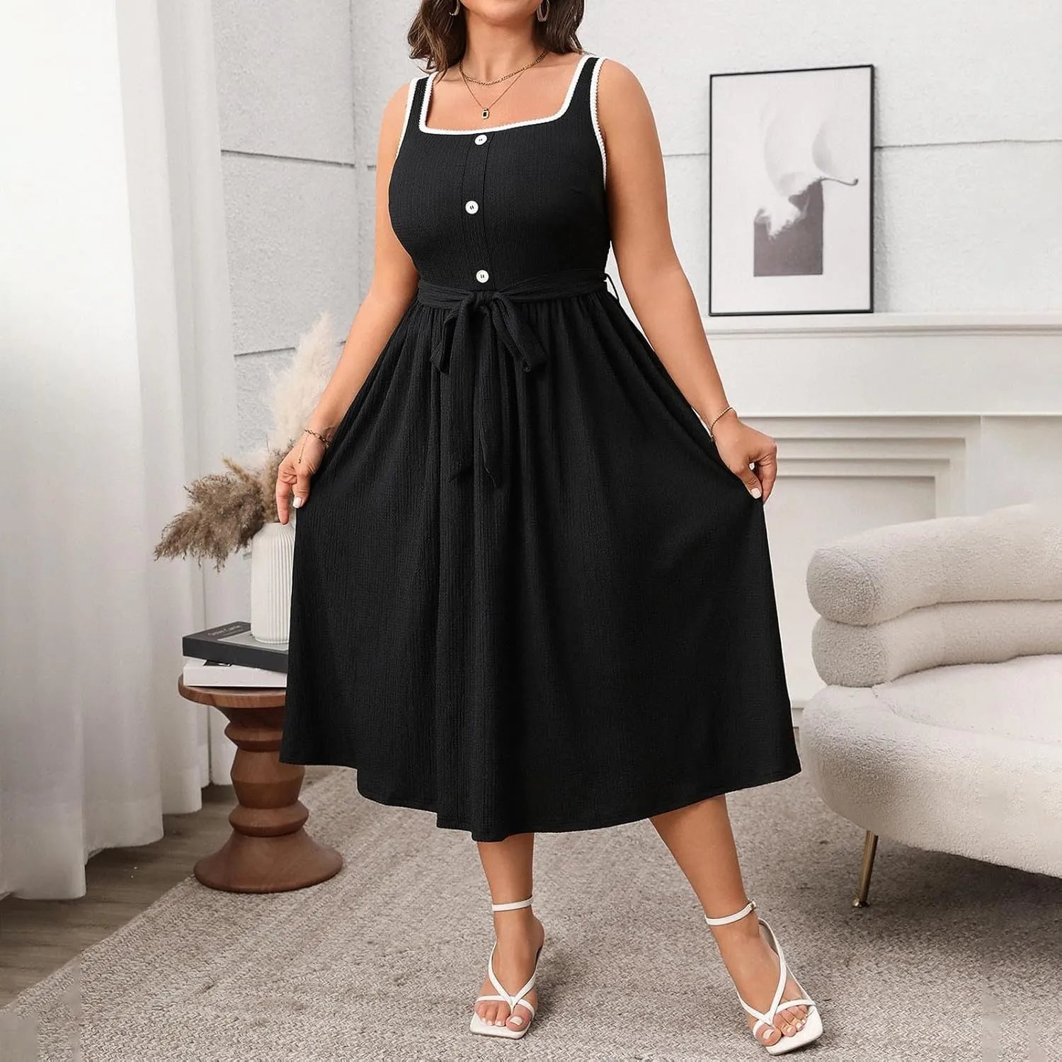 Oplxuo Womens Plus Size Sundress Sleeveless Square Neck Button Color Block Summer Midi Dress with Belt