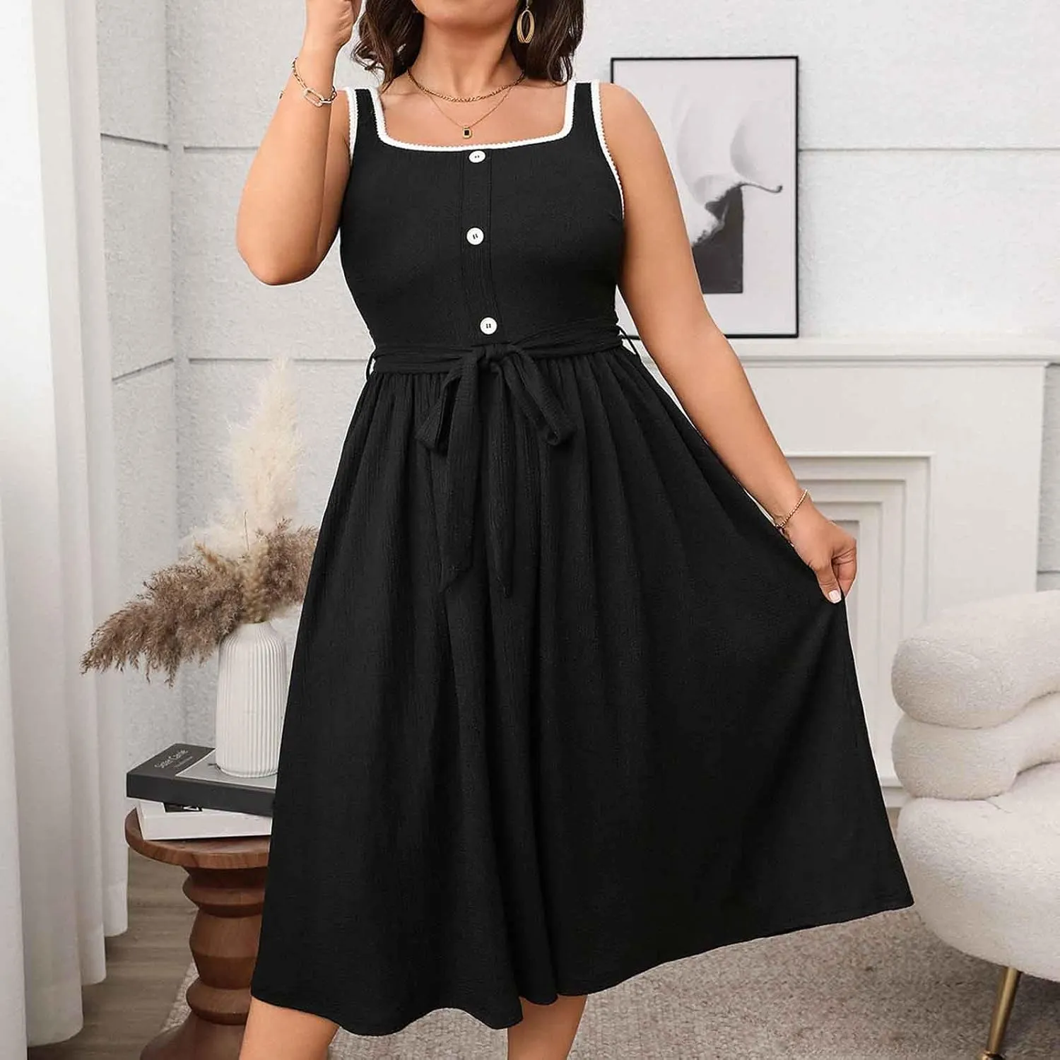 Oplxuo Womens Plus Size Sundress Sleeveless Square Neck Button Color Block Summer Midi Dress with Belt