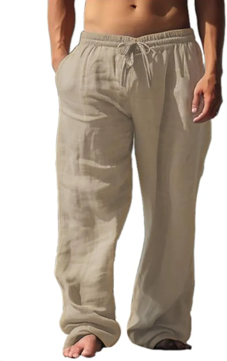 palglg Mens or Womens 100% Cotton Trousers with Elastic Waist & Out-Drawstring for Yoga Pants & Beach Wear