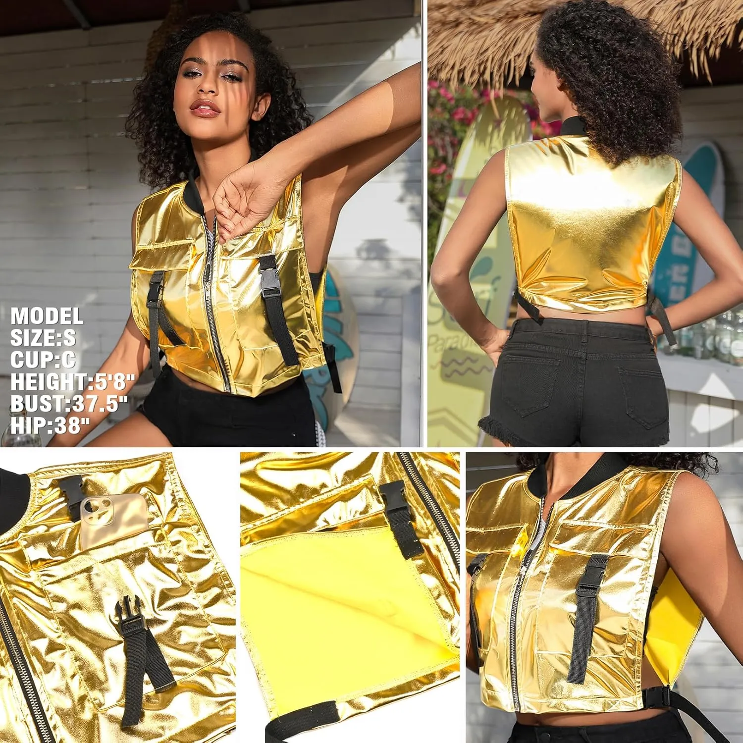 Perfashion Cropped Vest For Women Buckle Zip Up Metallic Cargo Cyberpunk Jacket With Pockets Streetwear Rave Outfit