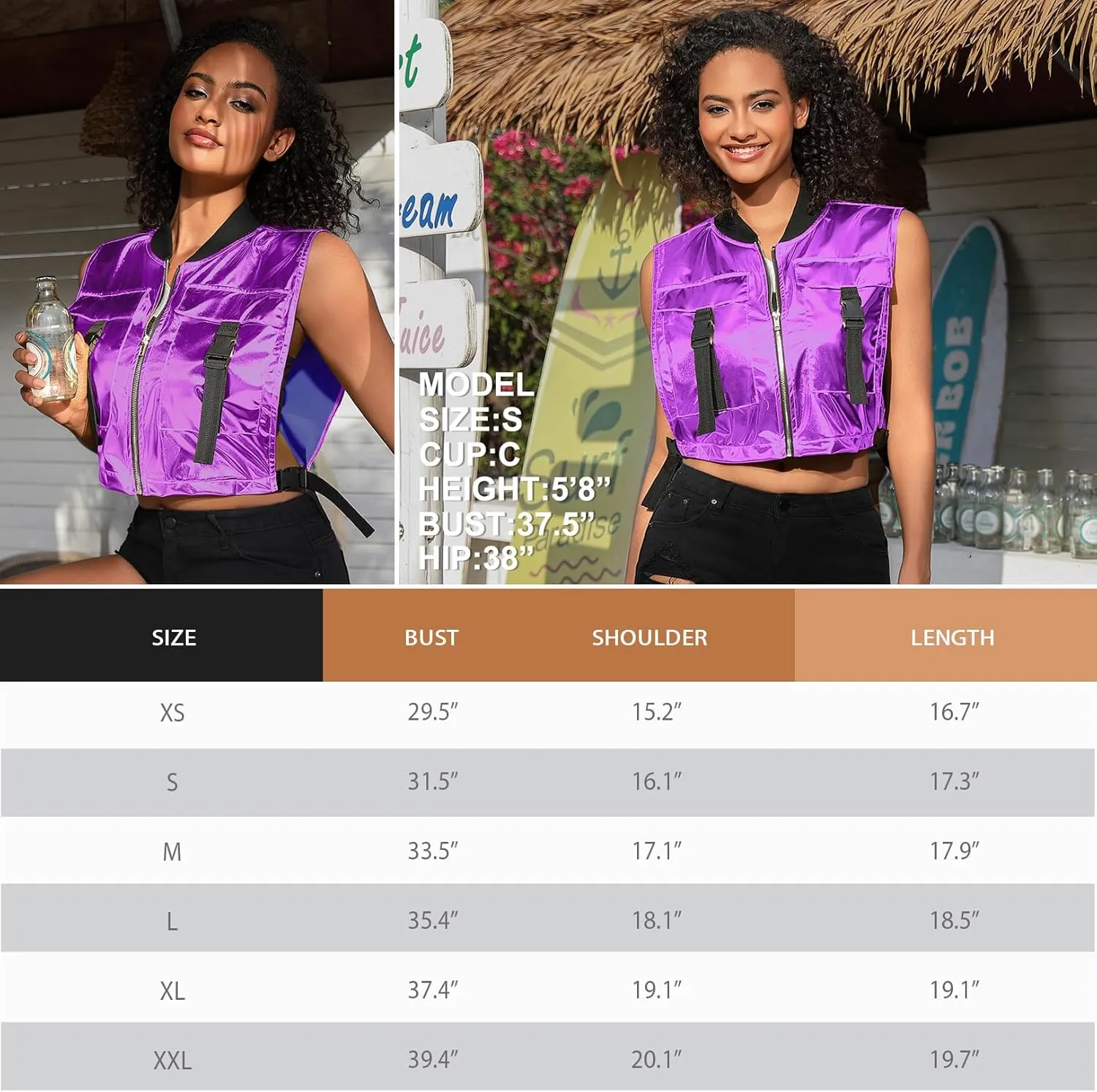 Perfashion Cropped Vest For Women Buckle Zip Up Metallic Cargo Cyberpunk Jacket With Pockets Streetwear Rave Outfit