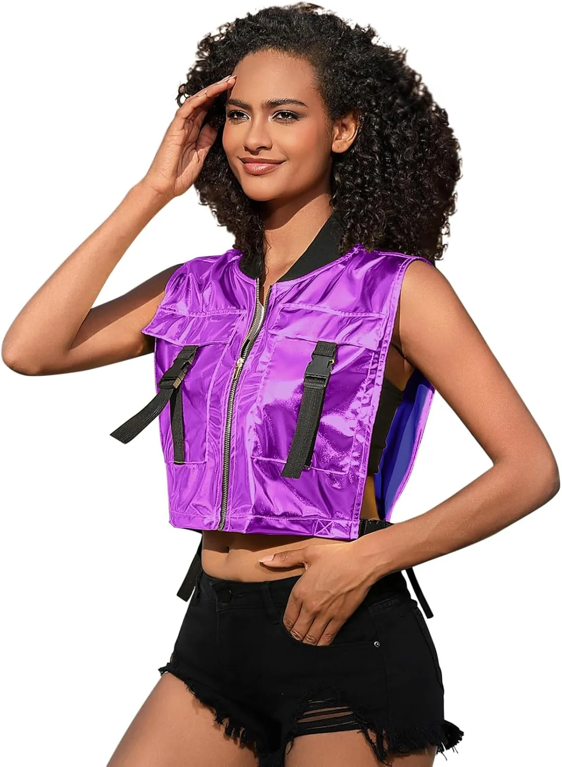 Perfashion Cropped Vest For Women Buckle Zip Up Metallic Cargo Cyberpunk Jacket With Pockets Streetwear Rave Outfit