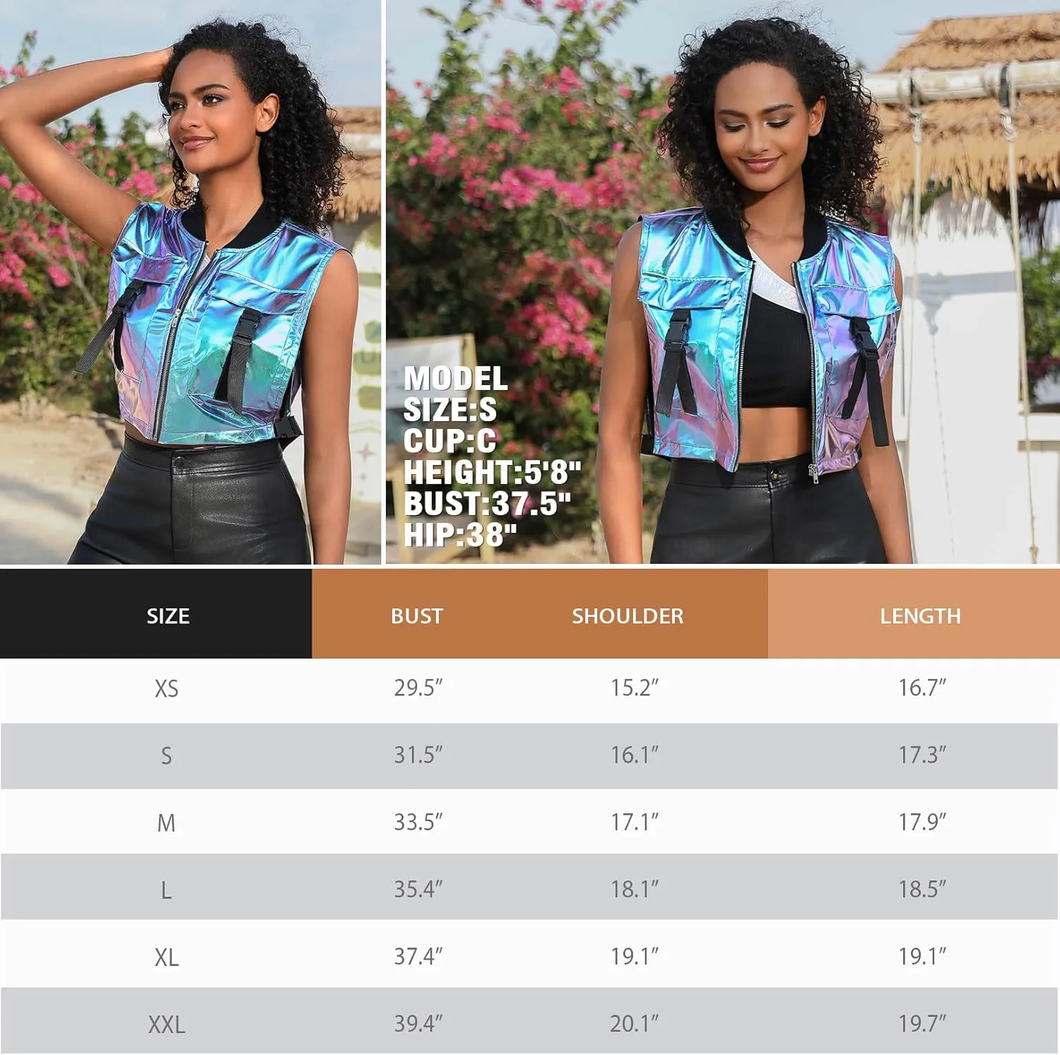Perfashion Cropped Vest For Women Buckle Zip Up Metallic Cargo Cyberpunk Jacket With Pockets Streetwear Rave Outfit