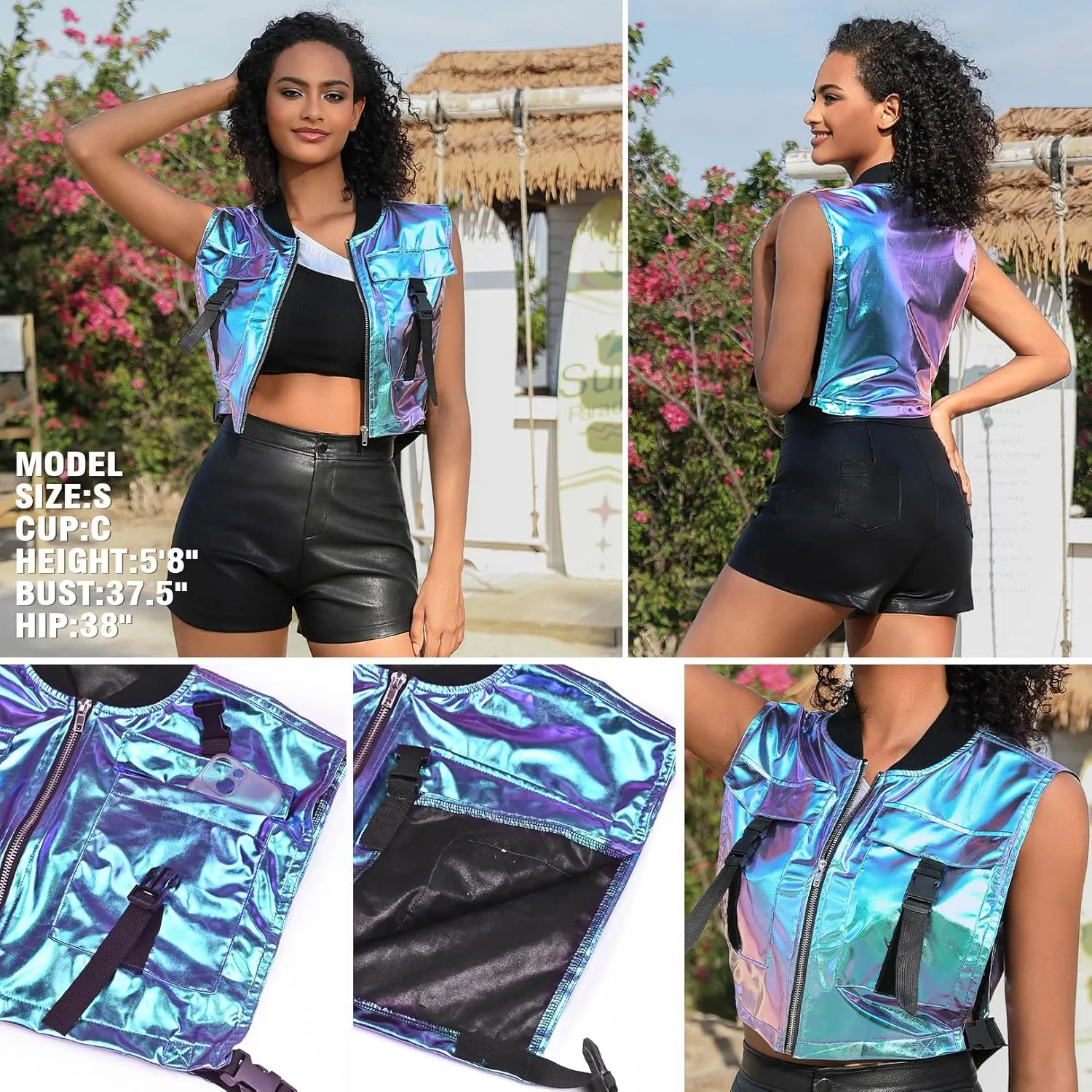 Perfashion Cropped Vest For Women Buckle Zip Up Metallic Cargo Cyberpunk Jacket With Pockets Streetwear Rave Outfit