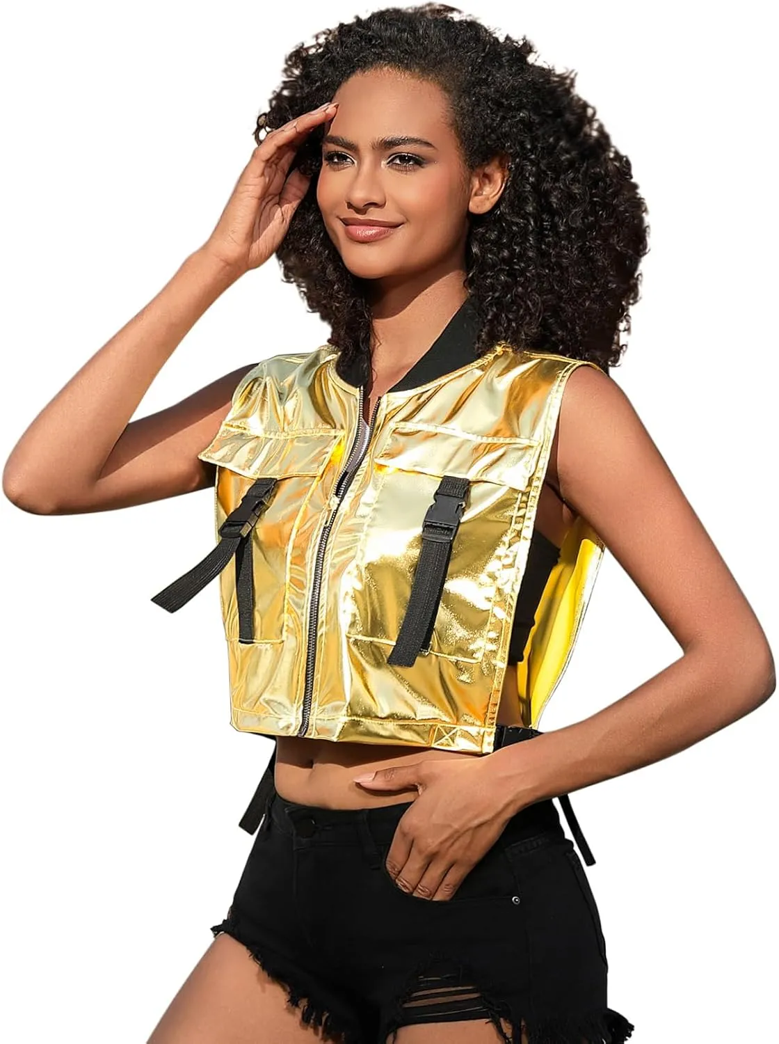 Perfashion Cropped Vest For Women Buckle Zip Up Metallic Cargo Cyberpunk Jacket With Pockets Streetwear Rave Outfit