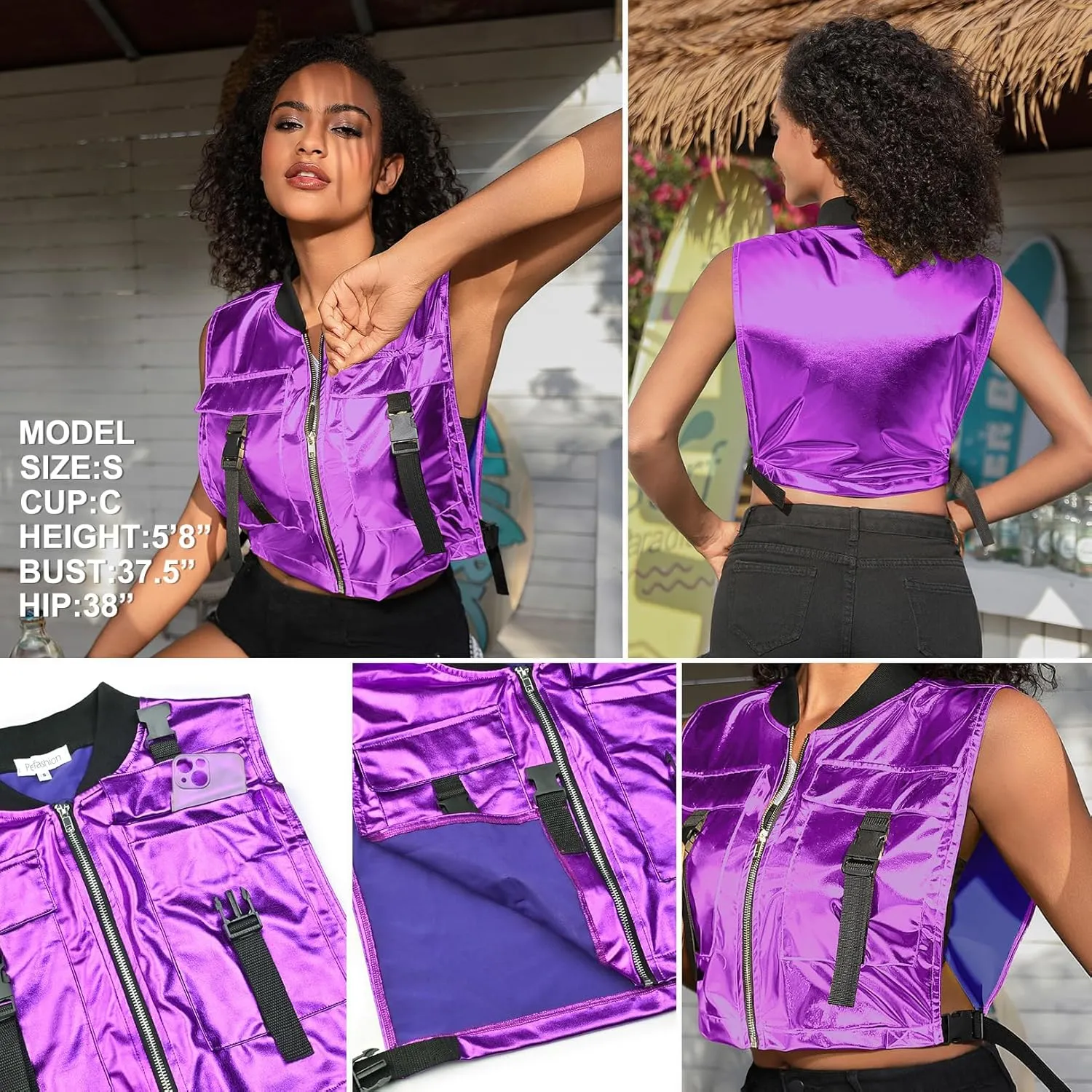 Perfashion Cropped Vest For Women Buckle Zip Up Metallic Cargo Cyberpunk Jacket With Pockets Streetwear Rave Outfit