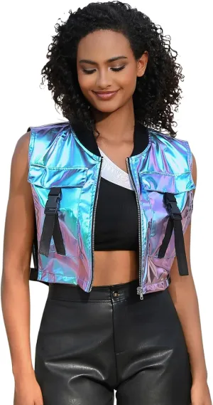 Perfashion Cropped Vest For Women Buckle Zip Up Metallic Cargo Cyberpunk Jacket With Pockets Streetwear Rave Outfit