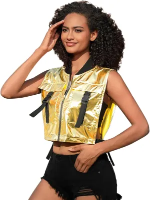 Perfashion Cropped Vest For Women Buckle Zip Up Metallic Cargo Cyberpunk Jacket With Pockets Streetwear Rave Outfit