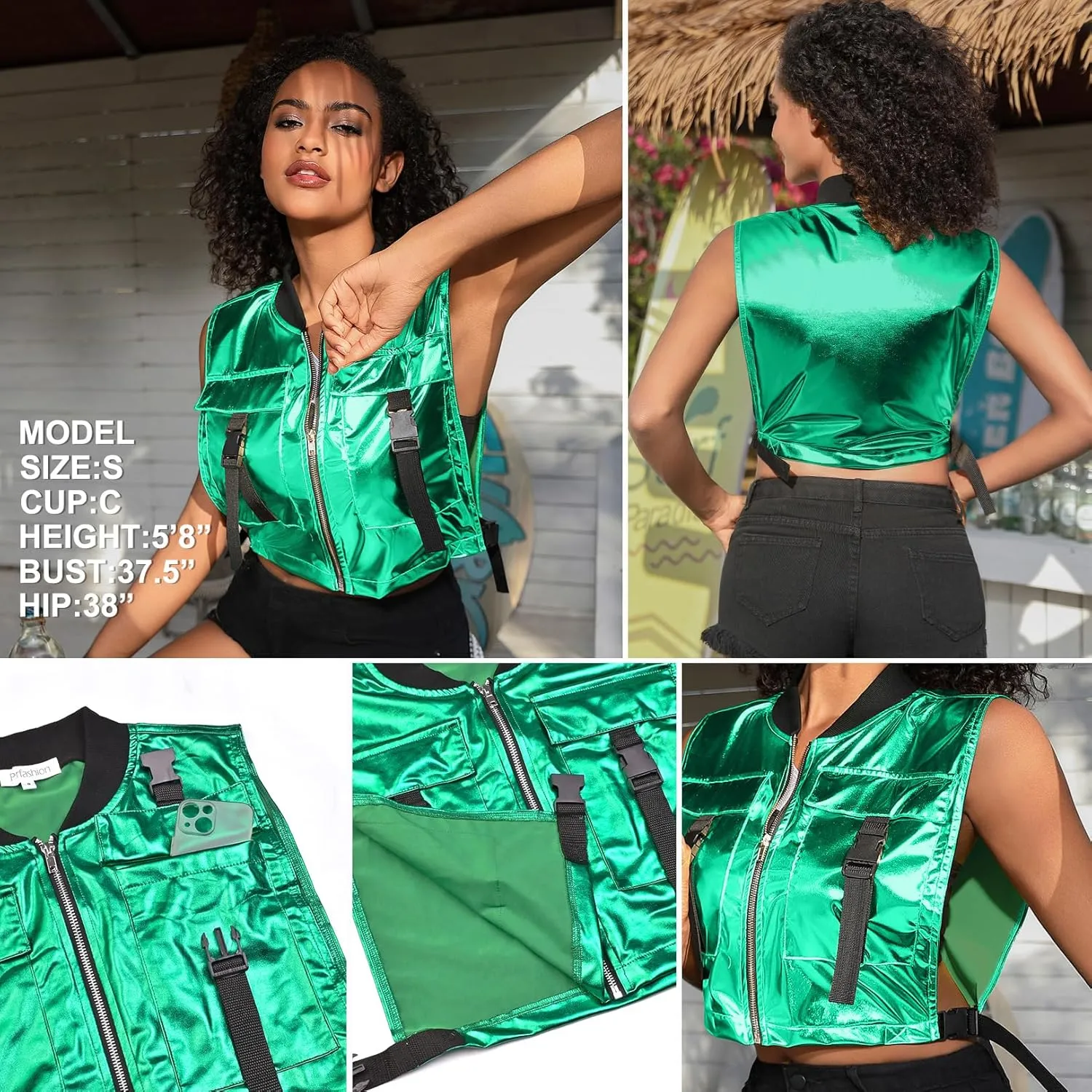 Perfashion Cropped Vest For Women Buckle Zip Up Metallic Cargo Cyberpunk Jacket With Pockets Streetwear Rave Outfit
