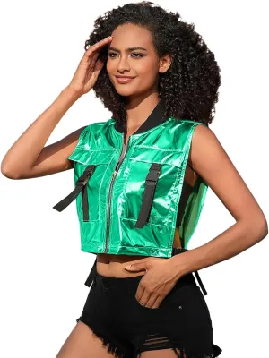 Perfashion Cropped Vest For Women Buckle Zip Up Metallic Cargo Cyberpunk Jacket With Pockets Streetwear Rave Outfit