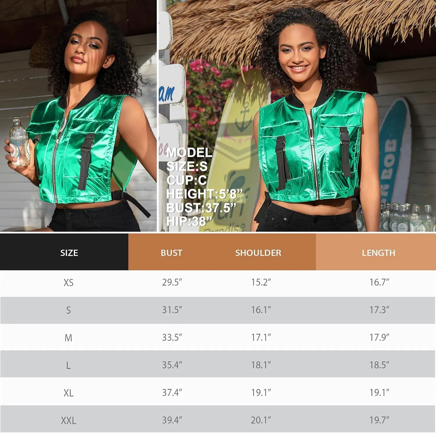 Perfashion Cropped Vest For Women Buckle Zip Up Metallic Cargo Cyberpunk Jacket With Pockets Streetwear Rave Outfit