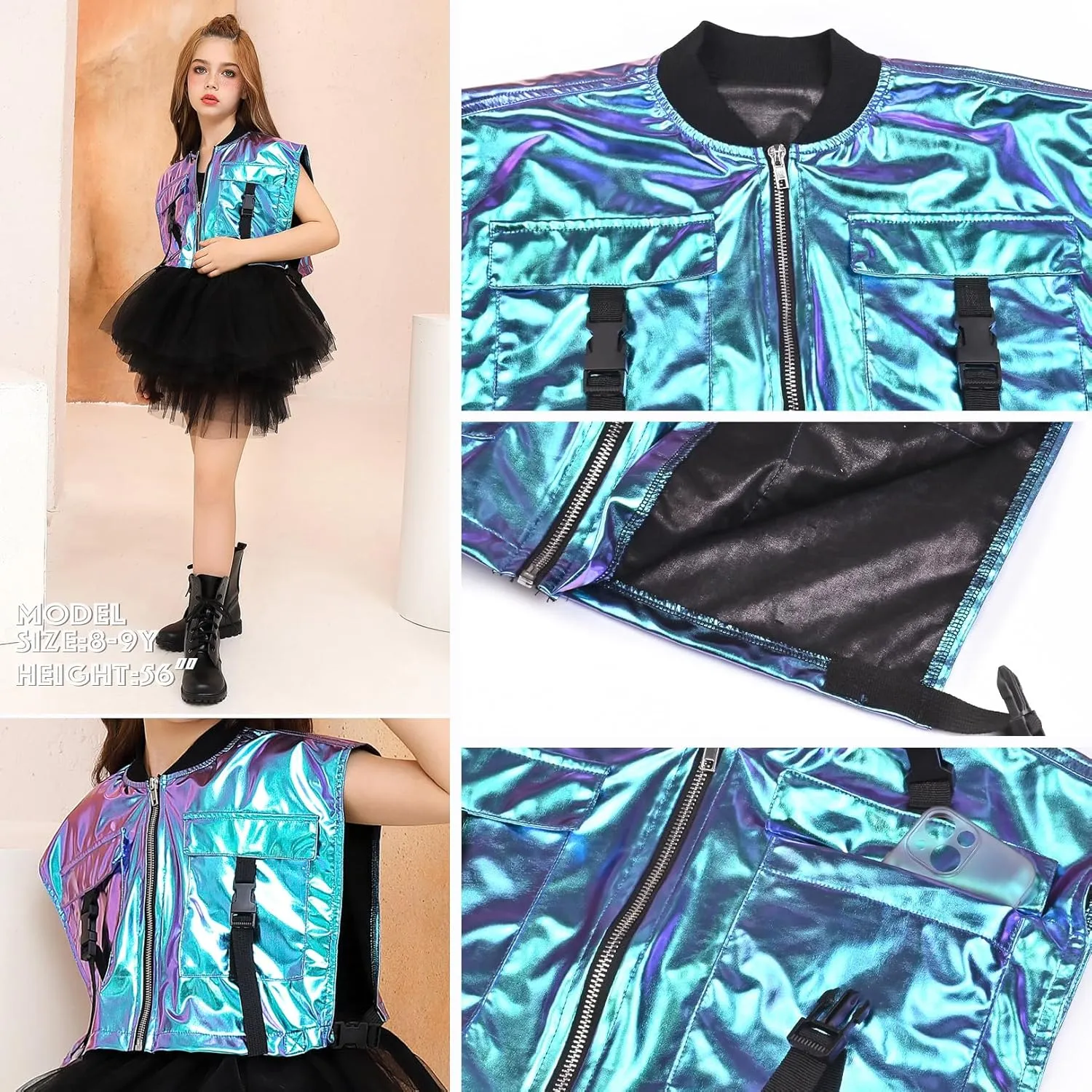 Perfashion Girls Vest Cropped Cargo Metallic Jacket Buckle Zip Up With Pockets Streetwear Outfit 4-13Y