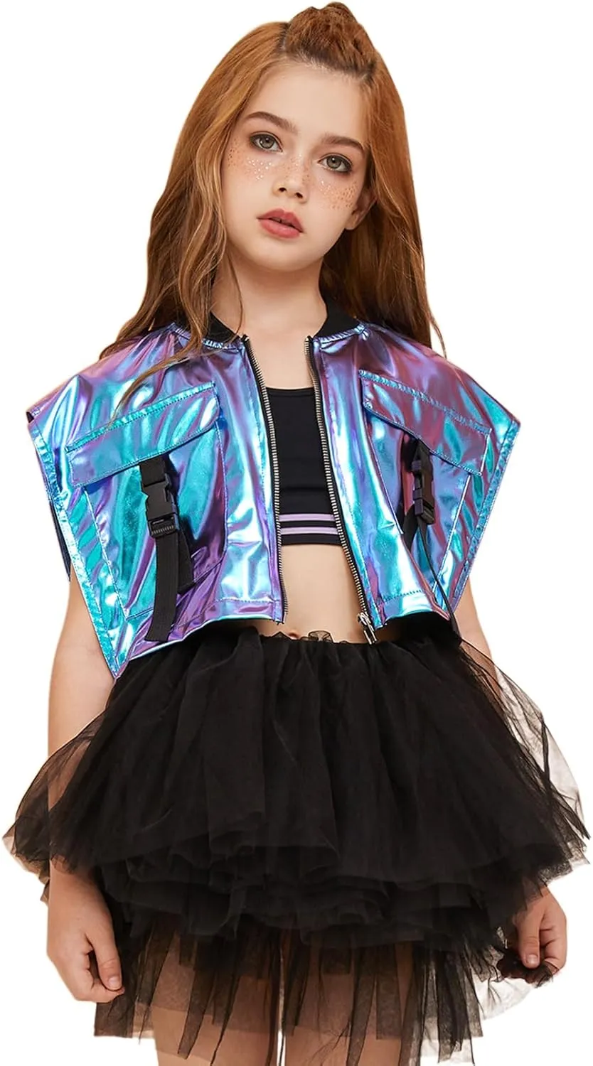 Perfashion Girls Vest Cropped Cargo Metallic Jacket Buckle Zip Up With Pockets Streetwear Outfit 4-13Y