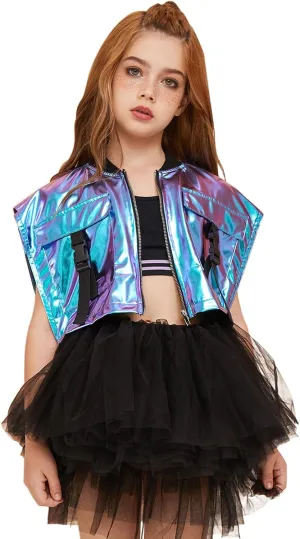 Perfashion Girls Vest Cropped Cargo Metallic Jacket Buckle Zip Up With Pockets Streetwear Outfit 4-13Y