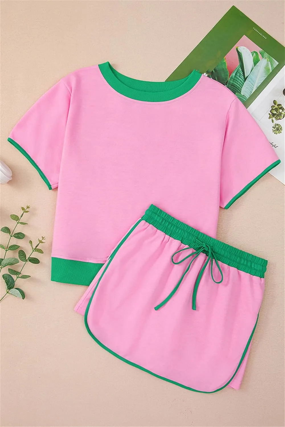 Pinklaura Short Set, Summer Skort Sets Women 2 Piece Outfits, Colorblock Drop Shoulder T Shirt Matching Drawstring Mini Skirt