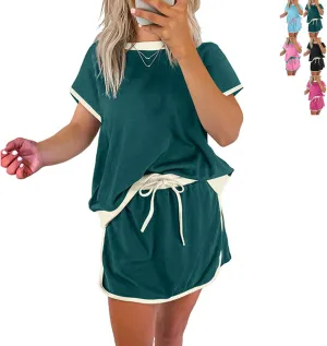 Pinklaura Short Set, Summer Skort Sets Women 2 Piece Outfits, Colorblock Drop Shoulder T Shirt Matching Drawstring Mini Skirt