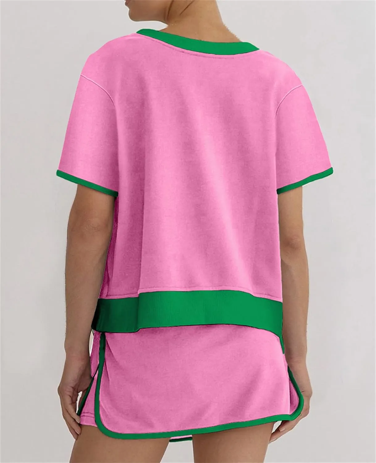 Pinklaura Short Set, Summer Skort Sets Women 2 Piece Outfits, Colorblock Drop Shoulder T Shirt Matching Drawstring Mini Skirt