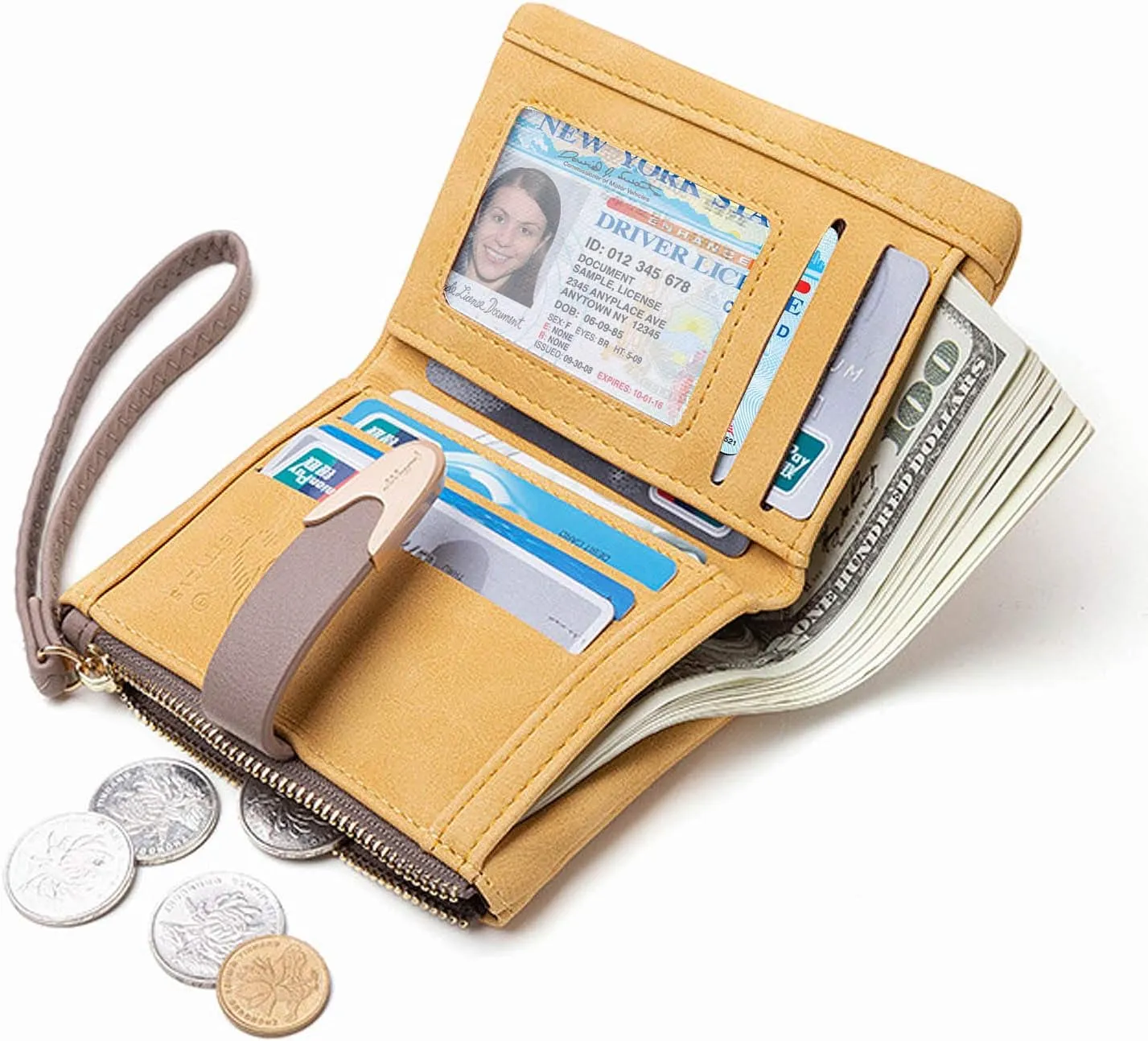 PofeeXIO Womens Wallet Rfid Small Bifold Wallet,Ladies Zipper Card Cluth Coin Purse Wristlet (Yellow)