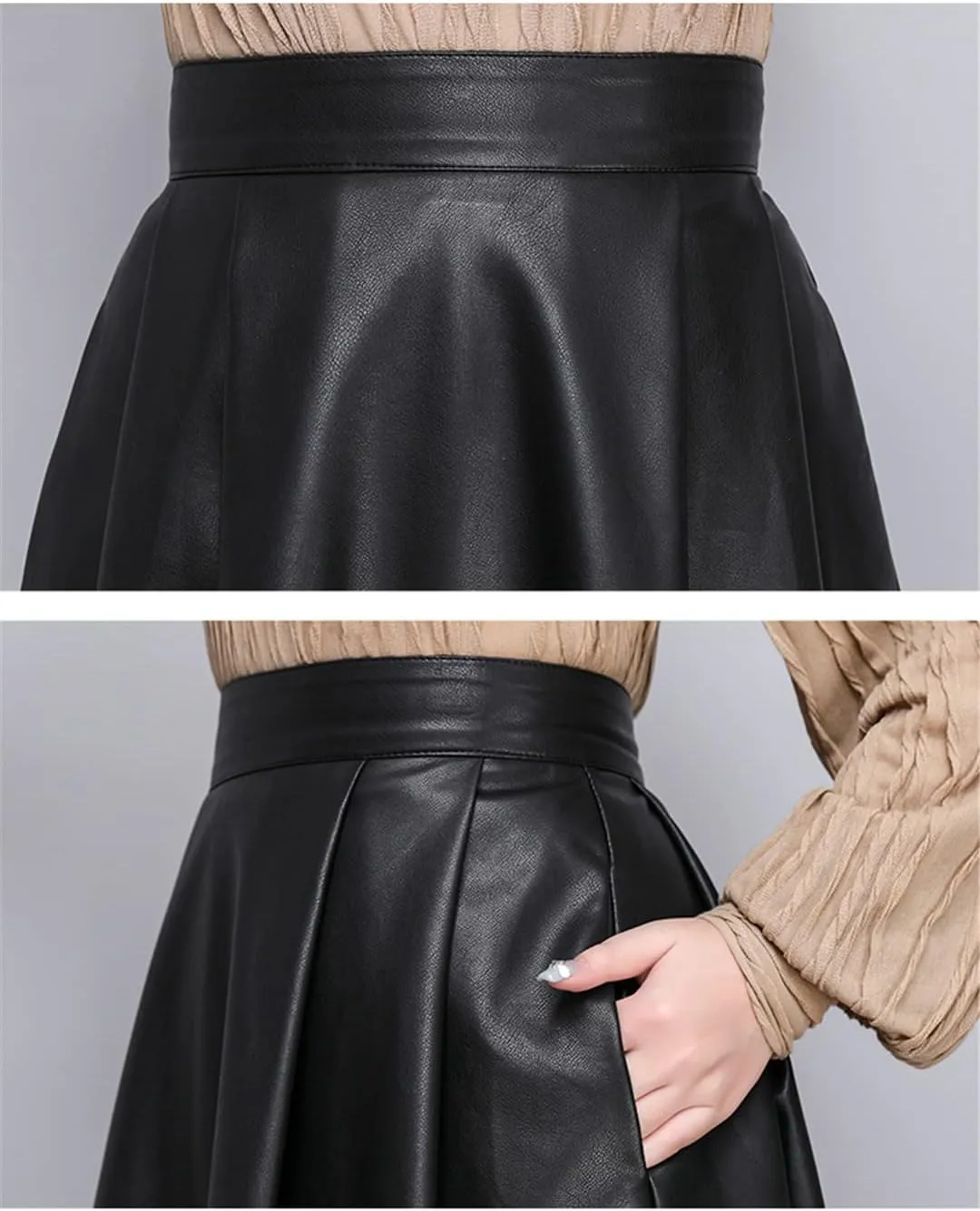 Pu Leather Vintage Midi Skirt Womens High Waist Elegant A Line Pleated Skirts