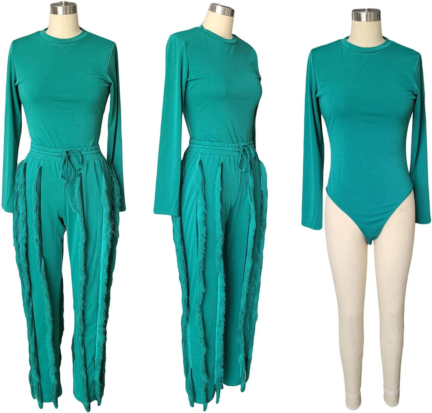 Remxi Women 2 Piece Outfits Jumpsuit Casual Long Sleeve Crewneck Sweatshirt High Waist Tassel Fringe Pants Sweatsuit Set
