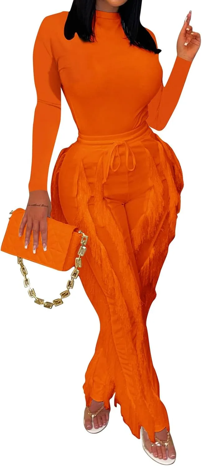 Remxi Women 2 Piece Outfits Jumpsuit Casual Long Sleeve Crewneck Sweatshirt High Waist Tassel Fringe Pants Sweatsuit Set