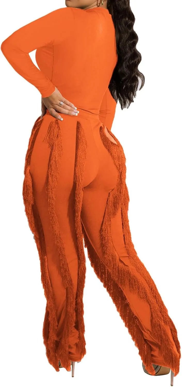 Remxi Women 2 Piece Outfits Jumpsuit Casual Long Sleeve Crewneck Sweatshirt High Waist Tassel Fringe Pants Sweatsuit Set