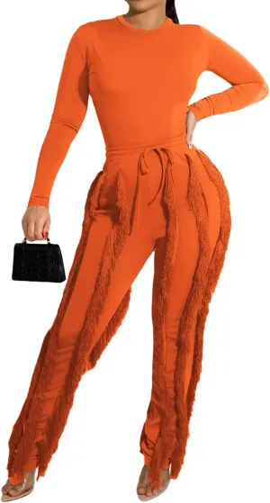 Remxi Women 2 Piece Outfits Jumpsuit Casual Long Sleeve Crewneck Sweatshirt High Waist Tassel Fringe Pants Sweatsuit Set