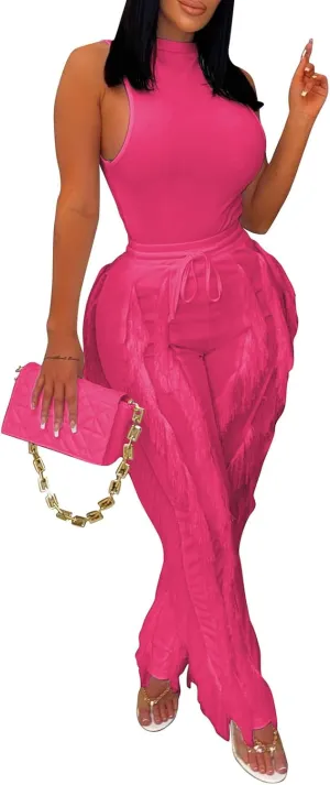 Remxi Women 2 Piece Outfits Sexy Sleeveless Sweatshirt Tassel Fringe Pants Sweatsuit Set Going Out Birthday Party Jumpsuit