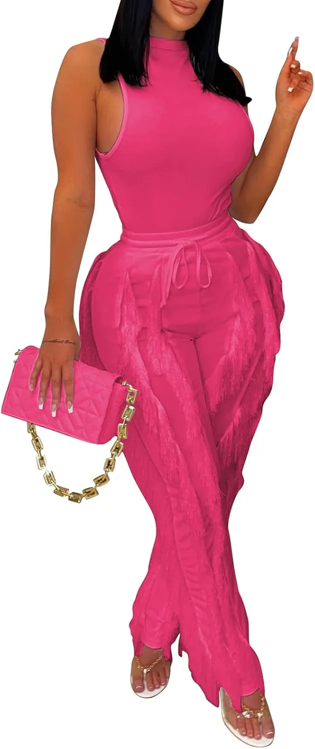 Remxi Women 2 Piece Outfits Sexy Sleeveless Sweatshirt Tassel Fringe Pants Sweatsuit Set Going Out Birthday Party Jumpsuit
