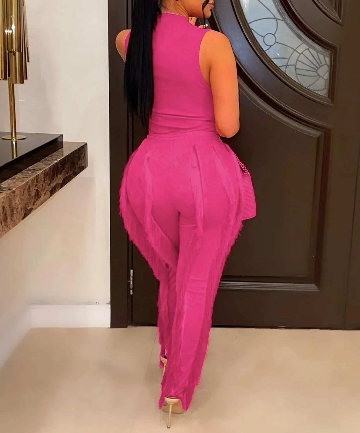 Remxi Women 2 Piece Outfits Sexy Sleeveless Sweatshirt Tassel Fringe Pants Sweatsuit Set Going Out Birthday Party Jumpsuit