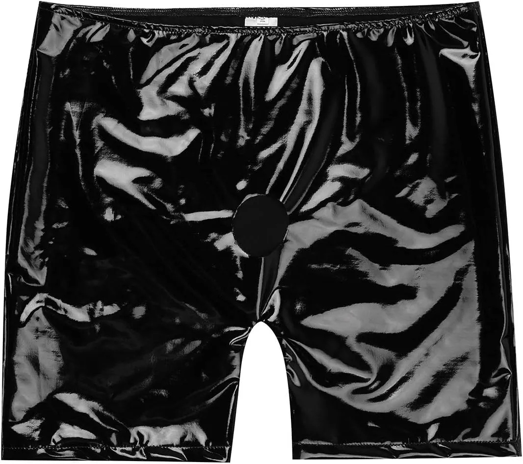RENLIANG-CLOTH Mens Shiny Boxer Shorts Underwear Patent Leather Open Hole Long Leg Boxer Short Panties Rubber Pants